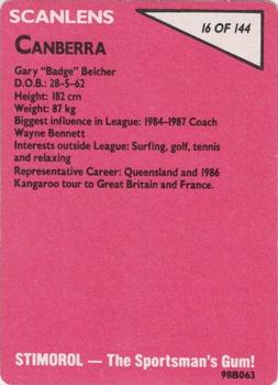 1988 Scanlens #16 Gary Belcher Back